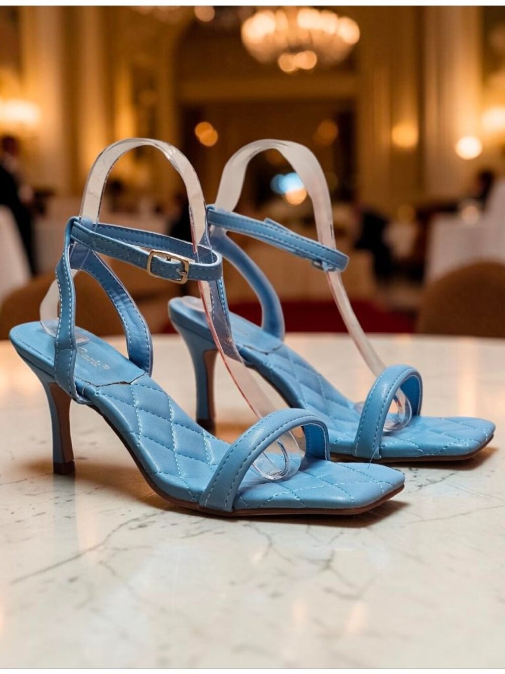 Quilted Sky Blue Heeled Sandals With Adjustable Strap & Square Toe Design For Wo